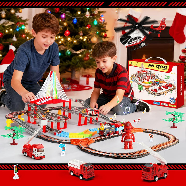 JONRRYIN Kinder Eisenbahnschiene Zug Spielzeug Set, Autorennbahn Spielzeug mit Zug&Autobahnautos, fü