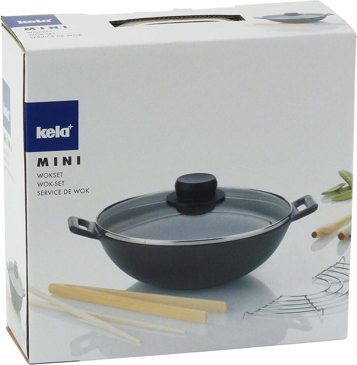 Kela 77747 Wok mit Deckel, Dünstrost, Stäbchen, Gusseisen, 24 cm Durchmesser, Induktionsgeeigent, Wo