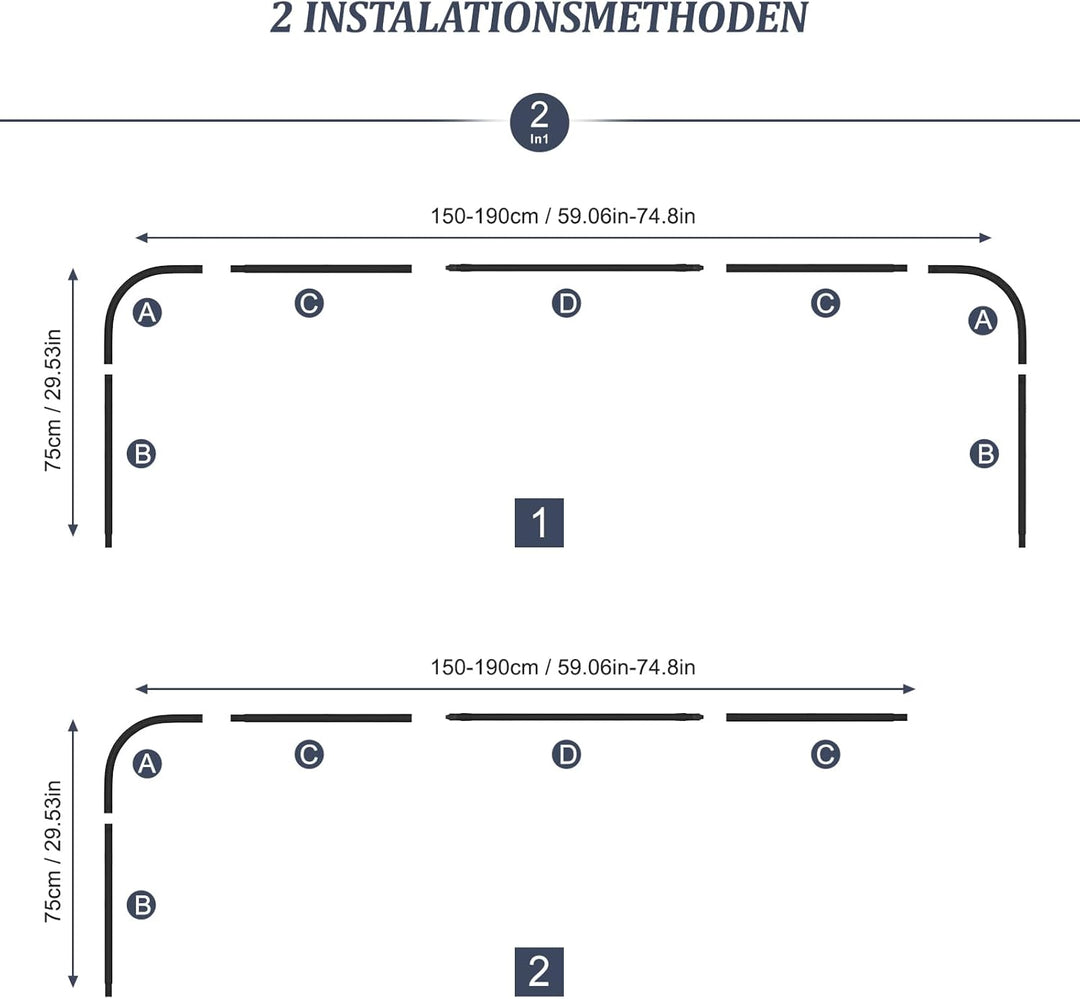 Misounda Duschvorhangstange U/L Form 75×(150-190)×75 cm - Duschstange für Duschvorhang Badewanne Eck