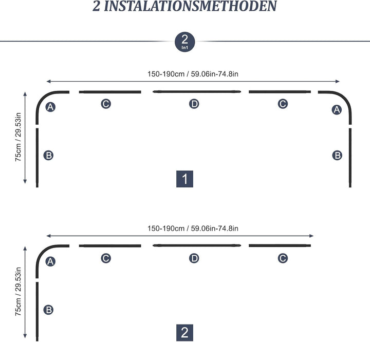 Misounda Duschvorhangstange U/L Form 75×(150-190)×75 cm - Duschstange für Duschvorhang Badewanne Eck