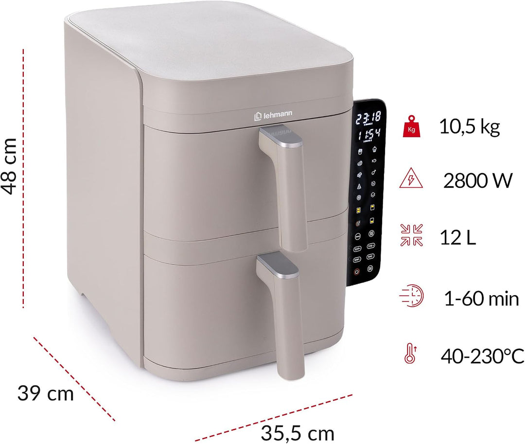 LEHMANN Heissluftfritteuse 2 Kammern XXL, 12 L, 2 vertikale Schubladen, 40-230°C, Antihaftbeschichtu