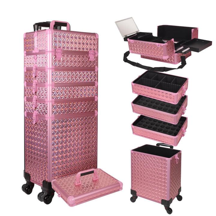 Kosmetikkoffer Trolley, 6-in-1 Schminkkoffer mit Spiegel & Schloss, Grosser Kosmetik Reisekoffer Mak