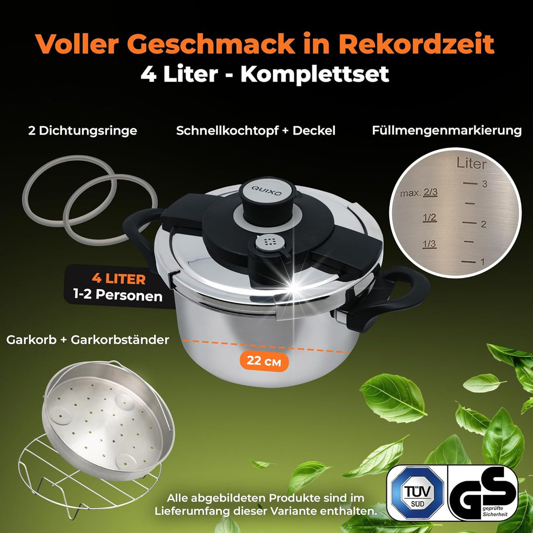 QUIXO Schnellkochtopf 4l VitaSmart mit 𝐊𝐨𝐜𝐡𝐳𝐞𝐢𝐭𝐬𝐢𝐠𝐧𝐚𝐥 für alle Herdarten [diesen Monat inkl. 𝐆𝐫𝐚𝐭𝐢𝐬