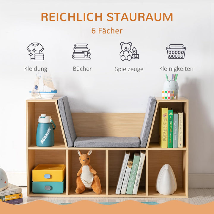 HOMCOM Bücherregal Kinder Kinderregal mit Sitzhocker 6 Fächern 3 Kissen Spielzeugregal Kinderbücherr