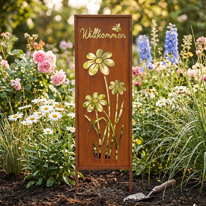 levandeo Gartenstecker Willkommen H83cm Stele Rost Rostdeko Braun Schmetterling Garten-Deko Gartenst