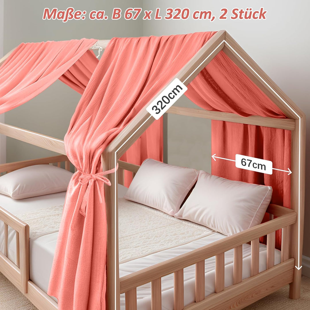 Hook Hausbett Himmel Deko Set, Betthimmel Hausbett aus Musselin - 2 Betthimmel & 1 Wimpelkette, für