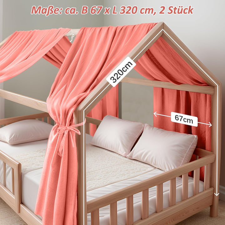 Hook Hausbett Himmel Deko Set, Betthimmel Hausbett aus Musselin - 2 Betthimmel & 1 Wimpelkette, für