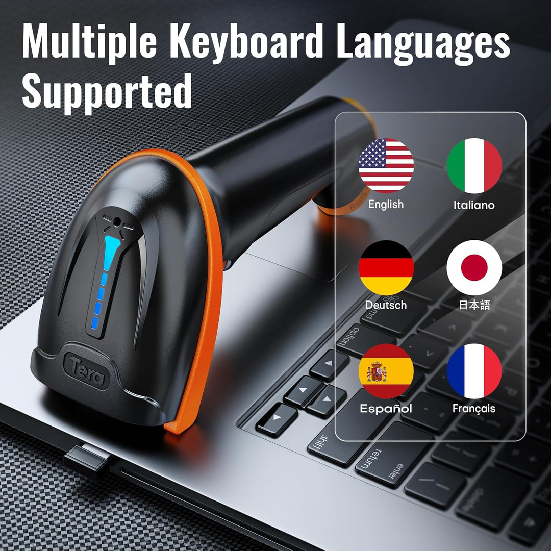 Tera Barcode Scanner 1D 2D QR Wireless Kabellos 2,4 GHz + Wired USB 2,0 Kabelgebunden Handscanner Ba