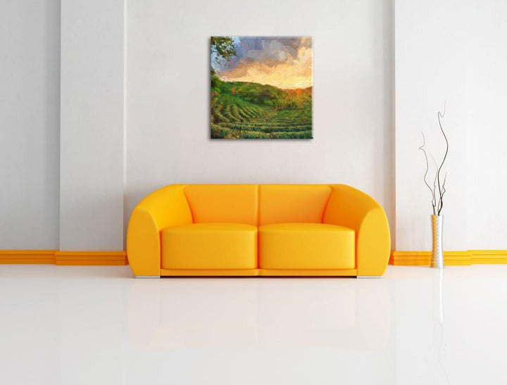 Pixxprint Teeplantage bei Sonnenuntergang Pinsel Effekt, Format: 70x70 auf Leinwand, 70x70