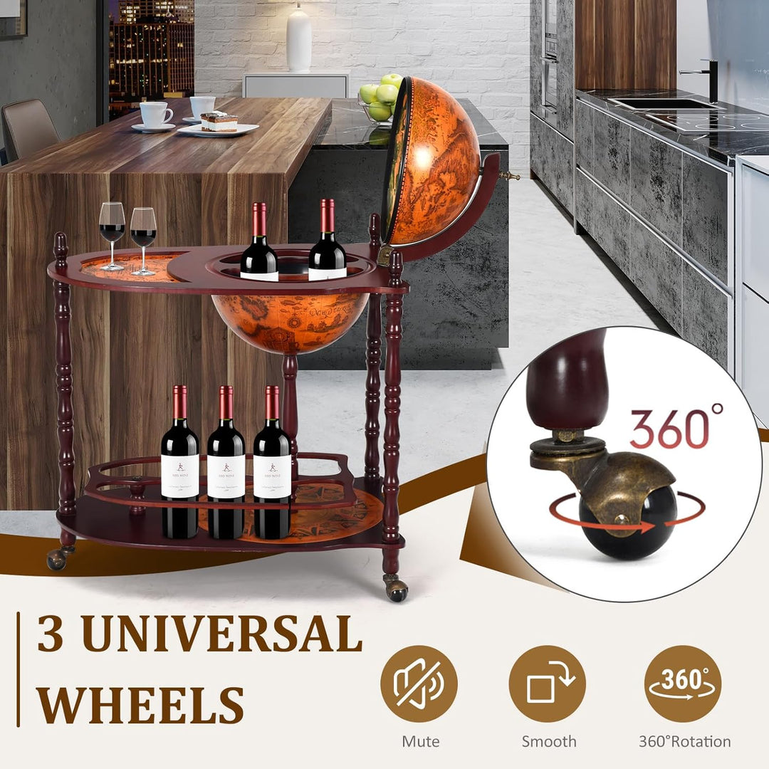 KOMFOTTEU Globus Bar Barwagen, Minibar mit Rollen, Weinregal mit Klassischem Design, Cocktailbar Bar