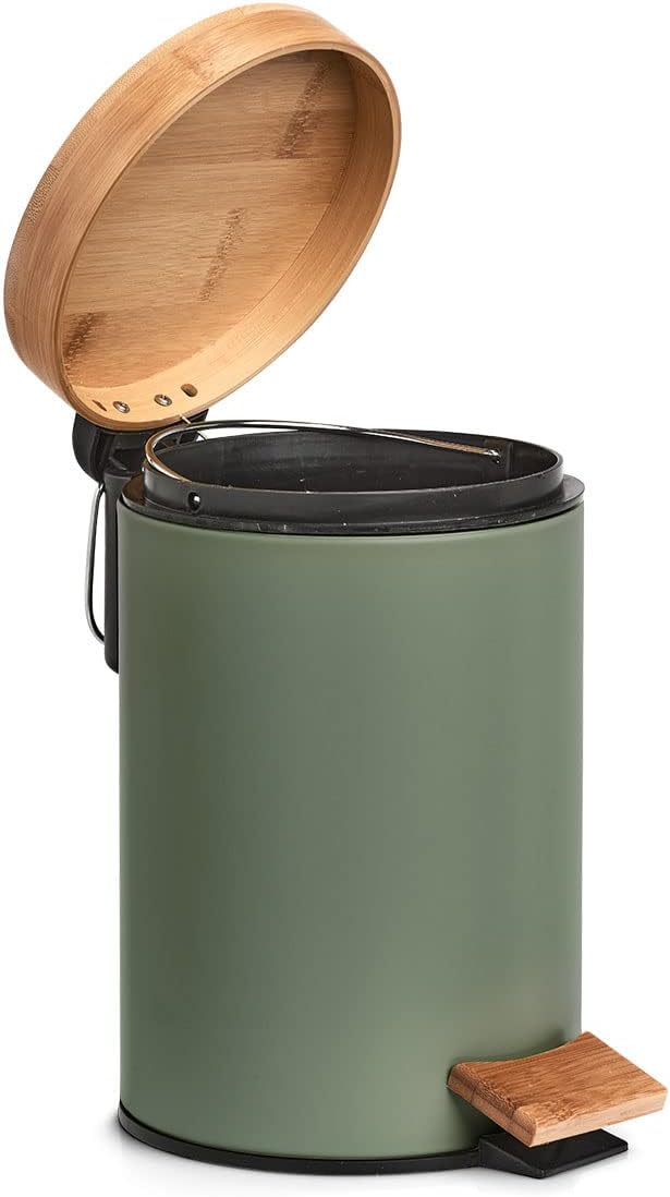 Kosmetikeimer aus Metall mit Bambusdeckel olivgrün 3 Liter mit Absenkautomatik Olivgrün Ø16,8 x 24 c