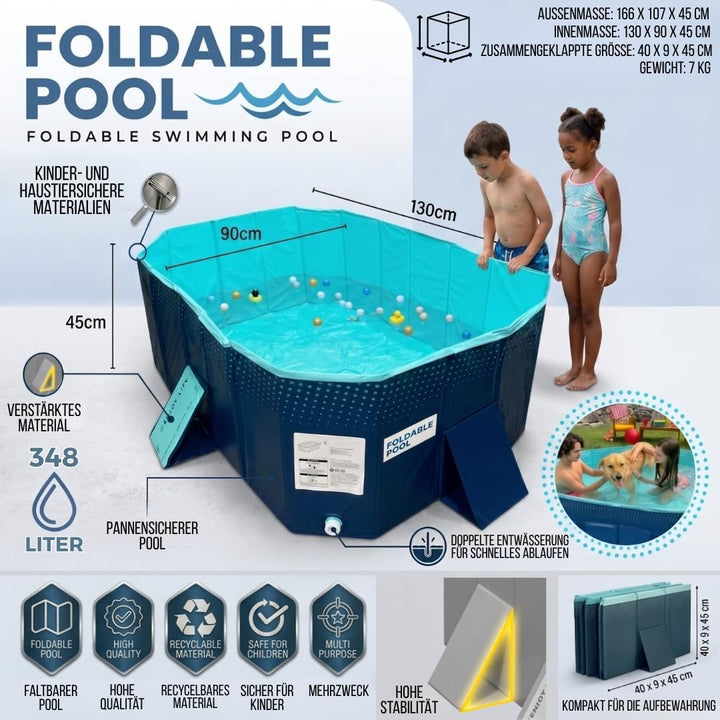BEST DIRECT Faltbarer Pool, 166 x 107 x 45 cm, Kinderbecken, Tragbarer Hundepool, Faltbarer Pool, Ba