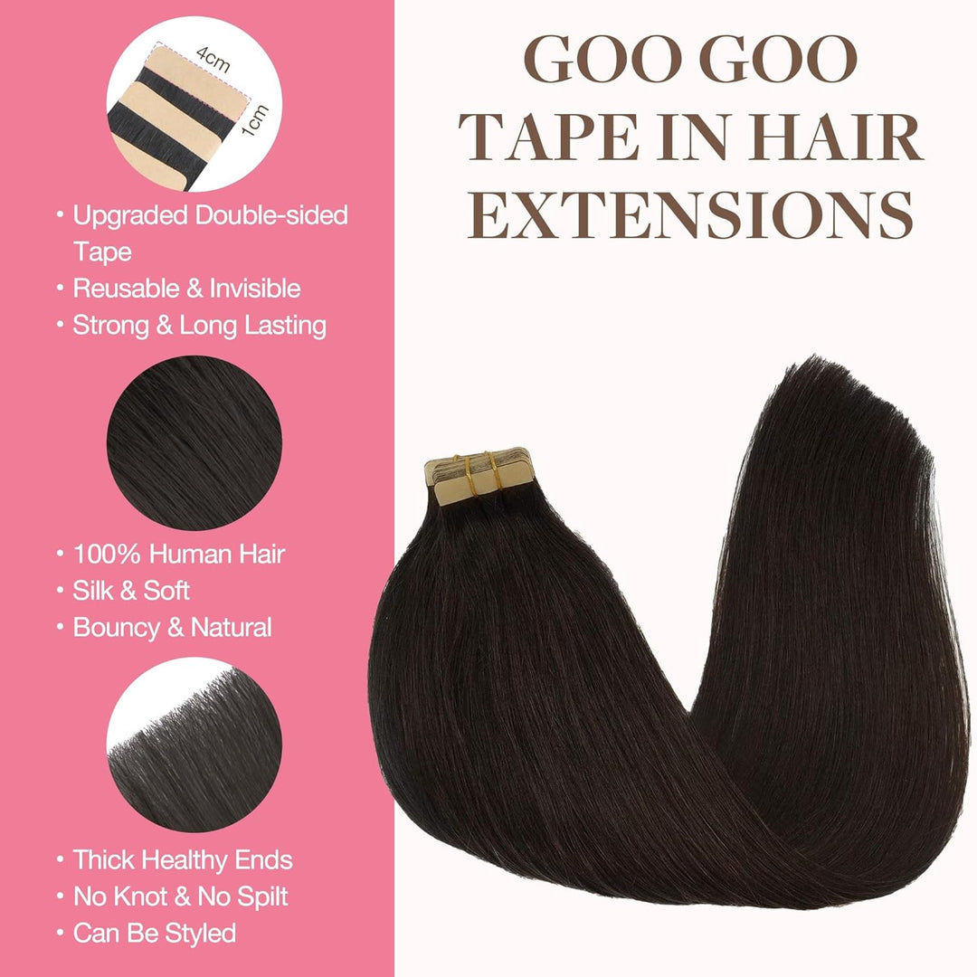 GOO GOO Tape in Extensions Echthaar, Tape Extensions Echthaar, 35cm 25g 10pcs, Extensions Echthaar,