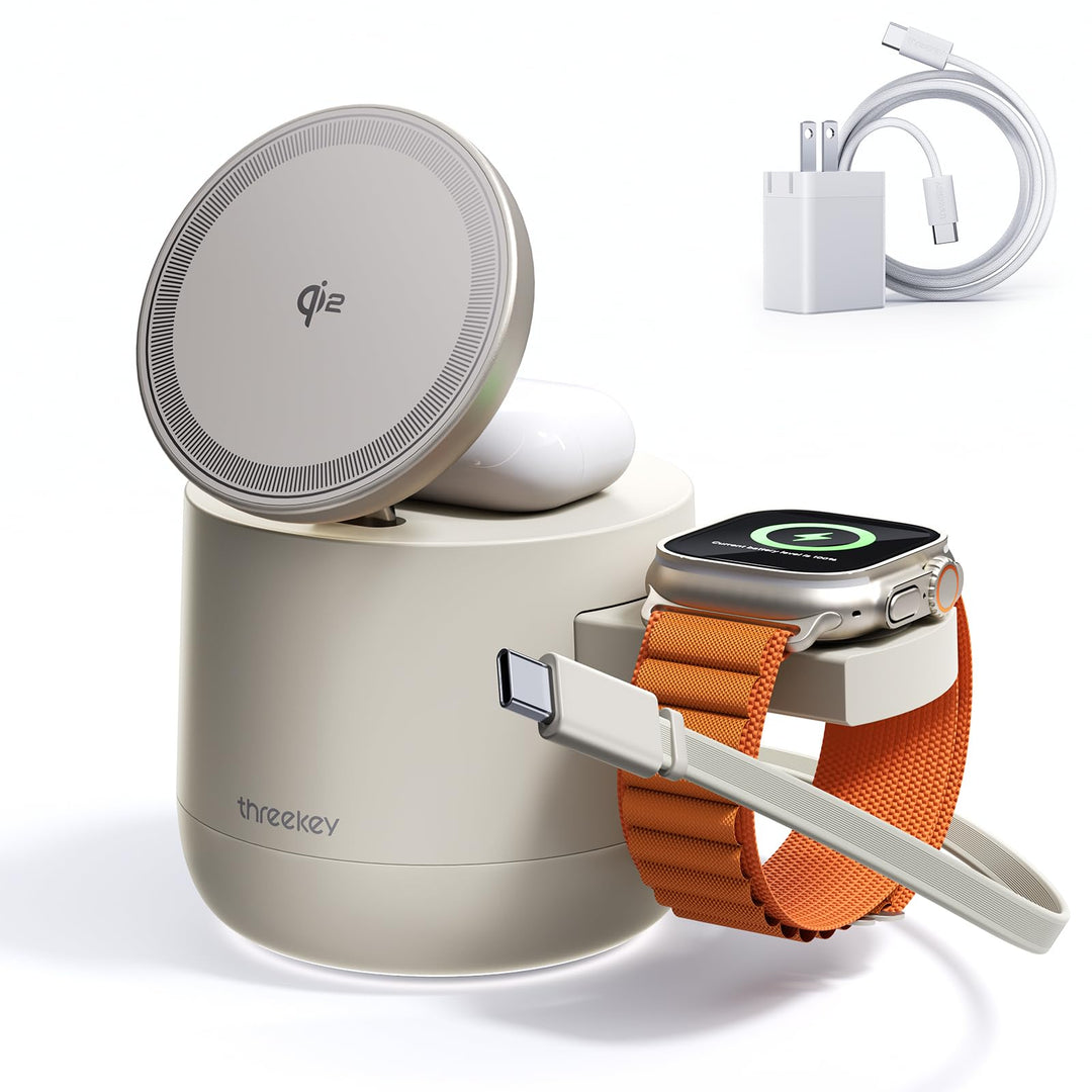 THREEKEY 4-in-1-Mag-Wireless-Ladestation, Qi2 15-W-Mag-Ladegerät für iPhone 17/16/15/14/13/12 Serie,