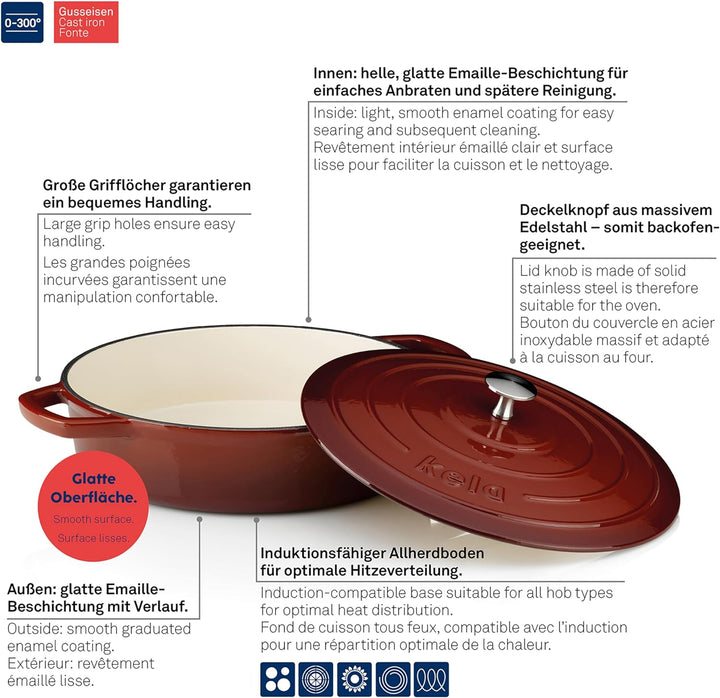 kela Bräter Calido, Ø 28 cm, 3,2 L, Gusseisen, rot, rund, Allherdboden, emailliert, hitzebeständig b