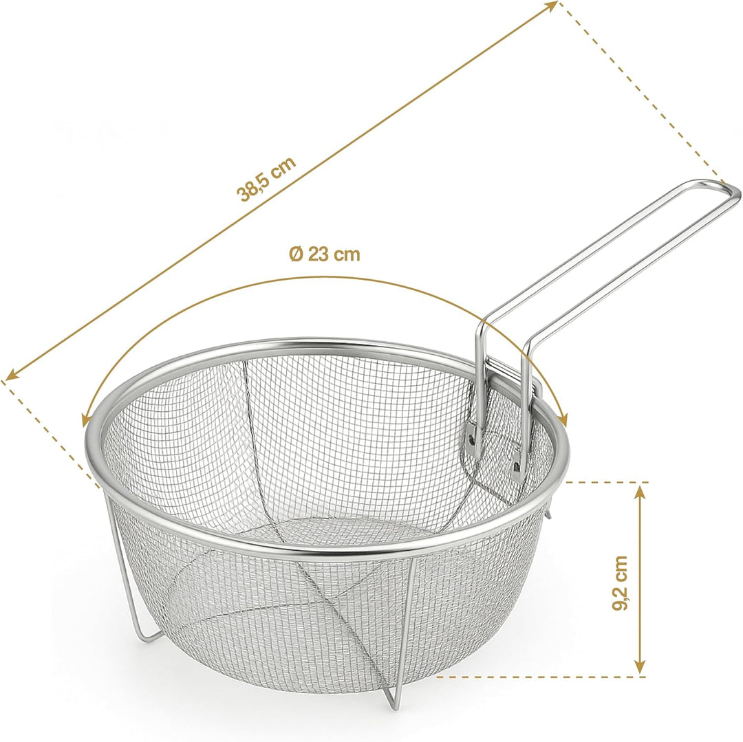 Frisierkorb mit Klappbarem Griff und Haken für die Pfanne - Runder Fritteusekorb - Edelstahl - 23 cm