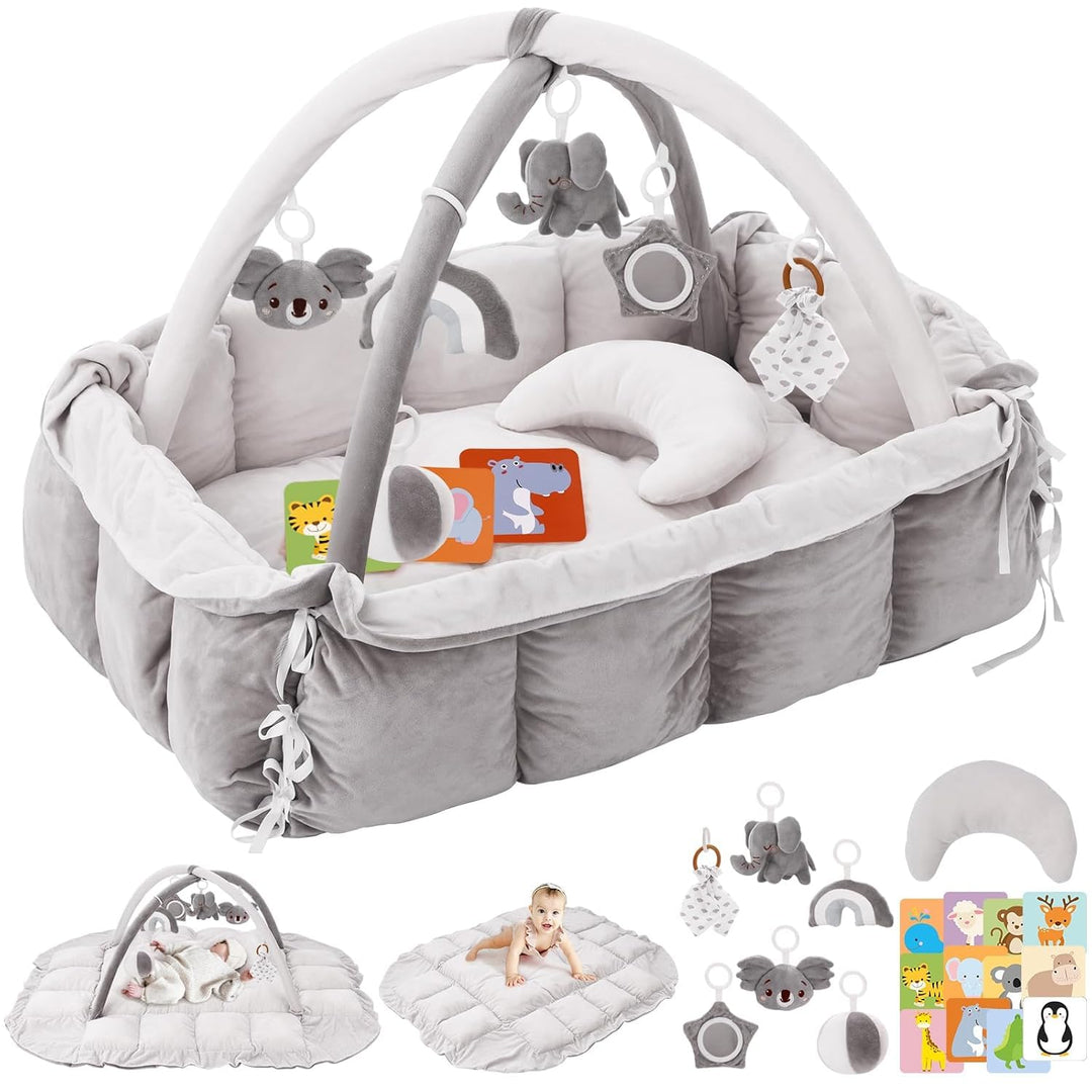 BOBY´S Baby Spielbogen mit Babynest &amp; Krabbeldecke – Baby Gym mit Spielzeug – Spielmatte, Laufstall