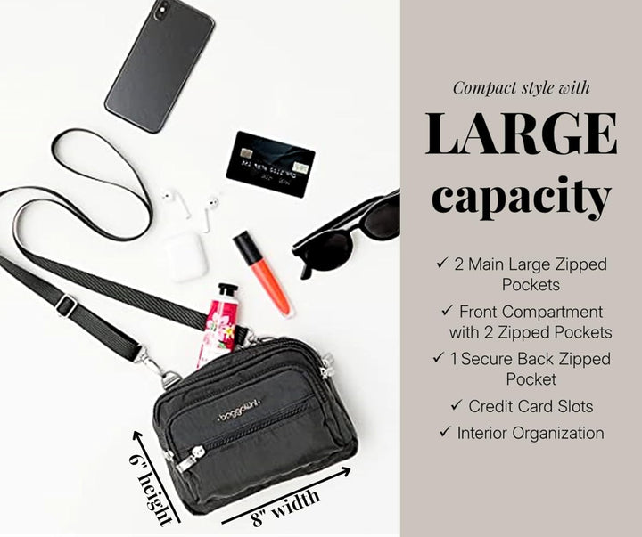 Baggallini Triple Zip Mini Sac bandoulière, Noir Schwarz, Schwarz