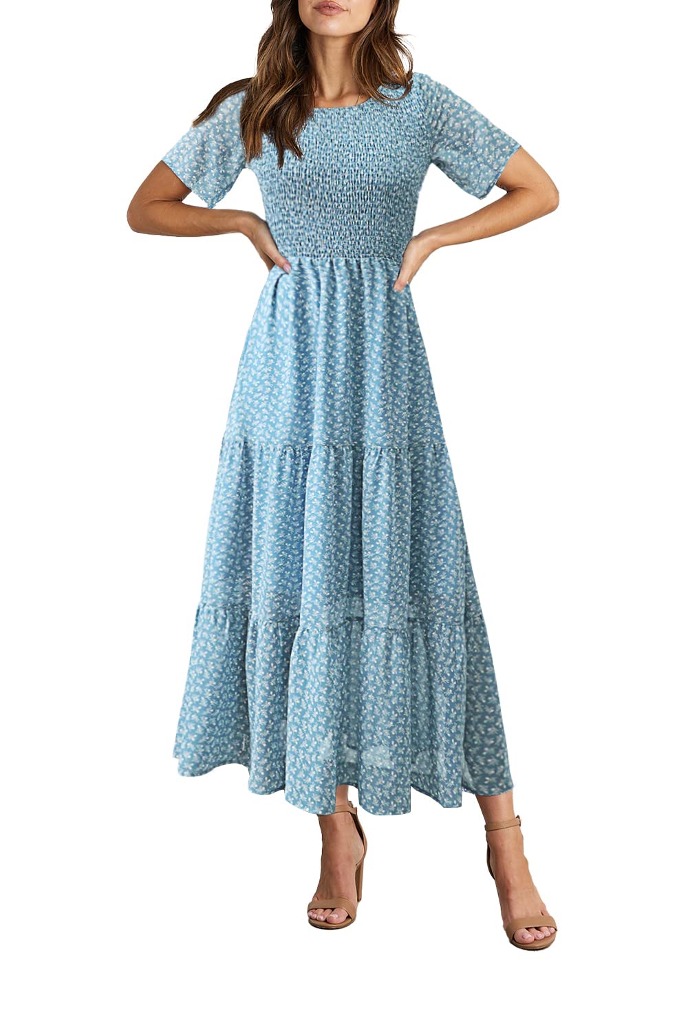 BTFBM Lässiges Sommerkleid für Damen, kurzärmelig, mit Rundhalsausschnitt, Boho-Stil, mit Blumendruc