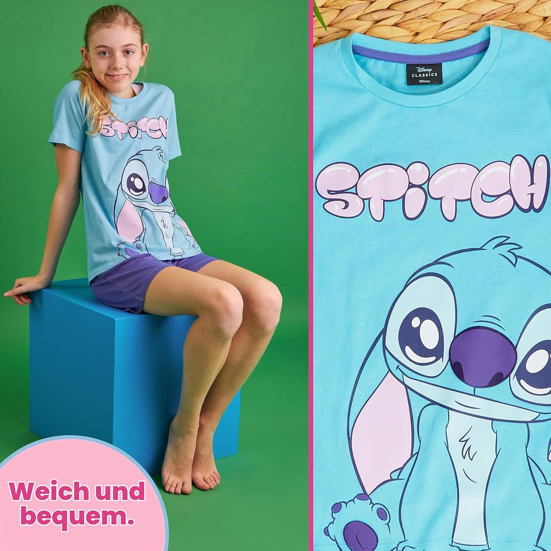 Disney Stitch Schlafanzug Mädchen Kurz, Pyjama T-Shirt &amp; Shorts - Stitch Sachen 6-7 Jahre Blau/Lila