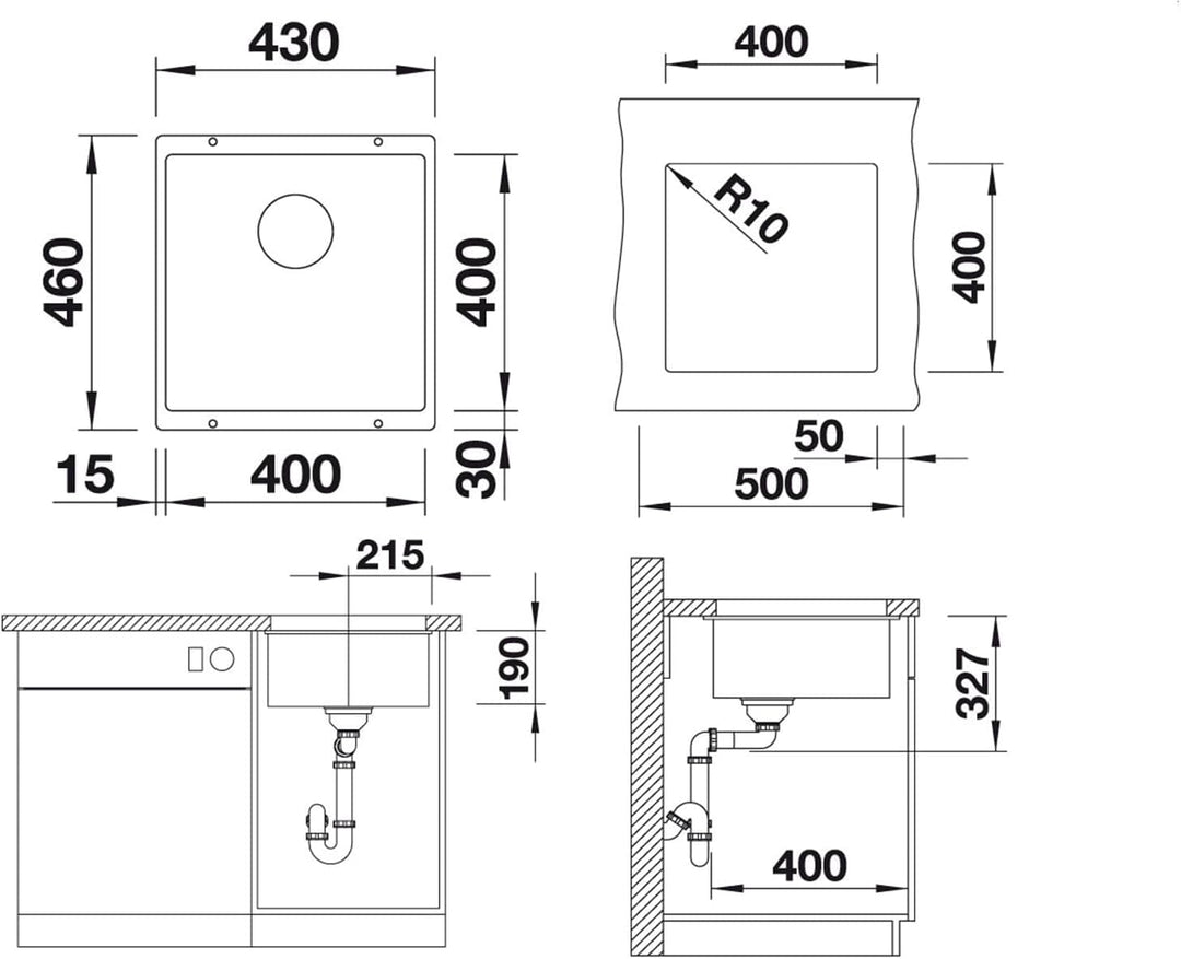 BLANCO SUBLINE 400-U | SILGRANIT felsgrau | Einbauart: Unterbau | ohne Ablauffernbedienung | 50er Un