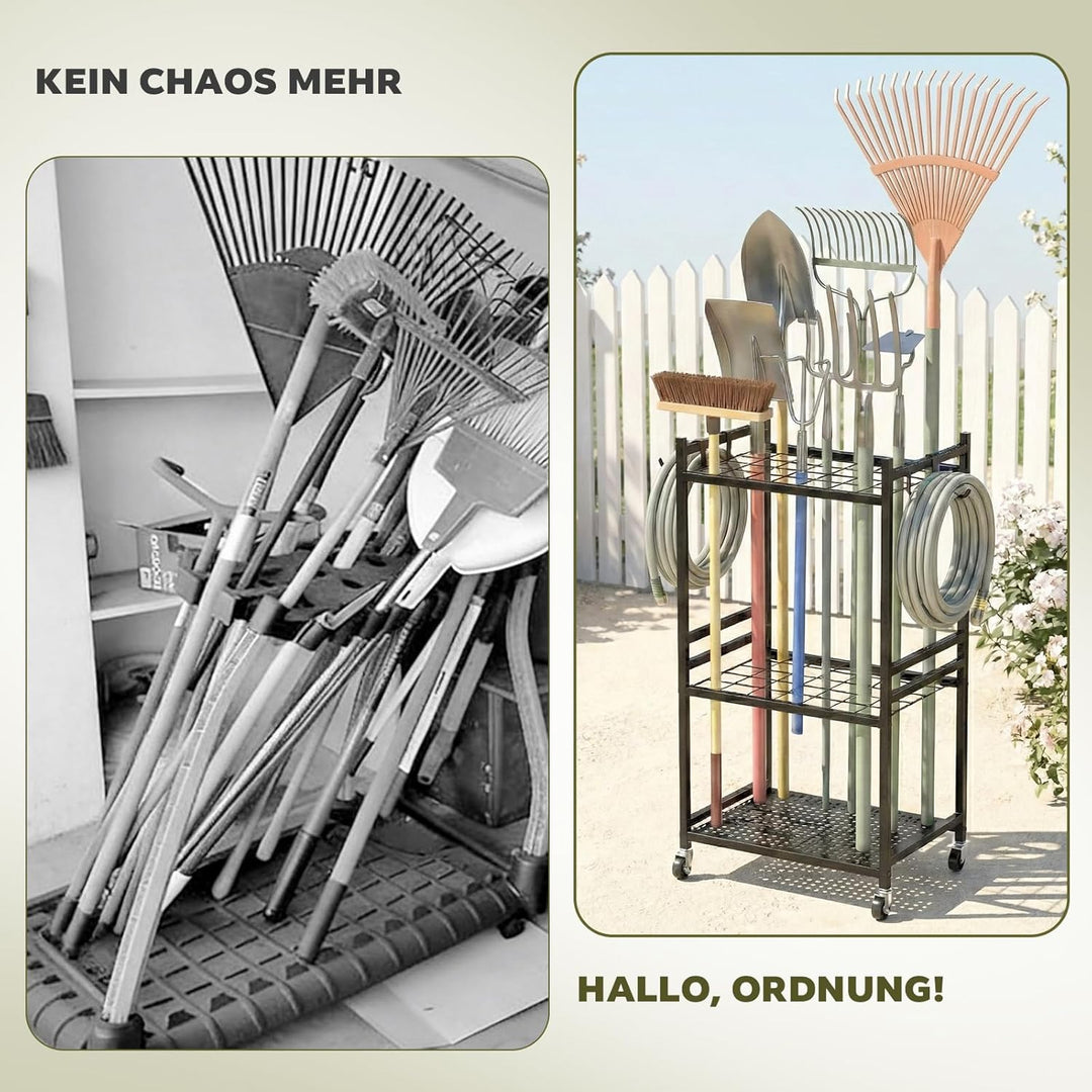 Garten-Werkzeugständer mit Rollen, 35 Gerätehalter, 3 Ebenen Metallregal, 43 x 30 x 79,4 cm, Schwarz