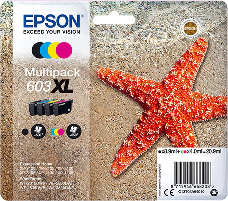 Epson Original 603XL Tinte Seestern Multipack 4-farbig XL, WF-2820DWF WF-2830DWF WF-2840DWF WF-2850D