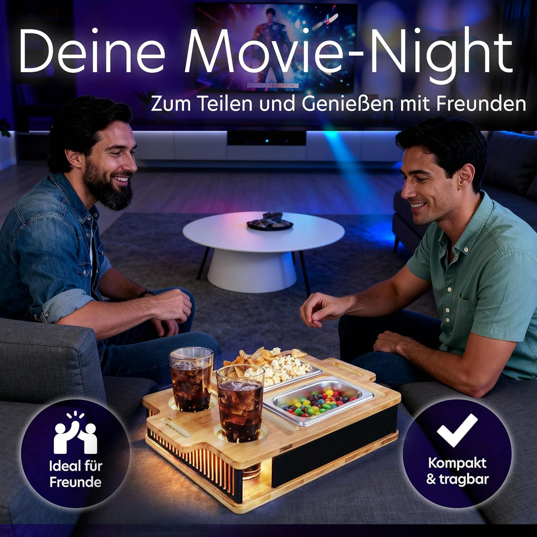 AH® Couchbar Snackbox mit Leuchteffekt – Bambus Sofa Tablett mit 2 Edelstahl-Schalen, Handy- & Geträ