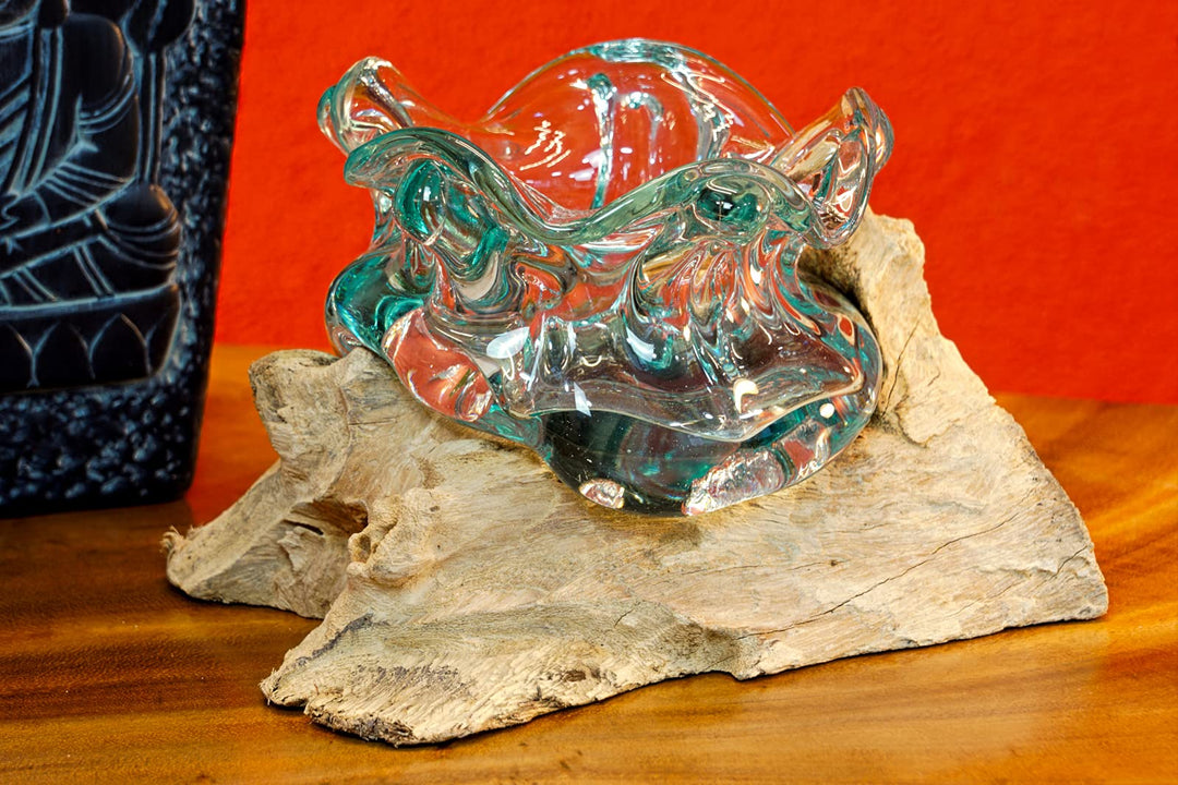 Kinaree Geschmolzenes Glas auf Wurzelholz - Glasschale auf Wurzel - Teak Holz mit Glasvase oder Scha