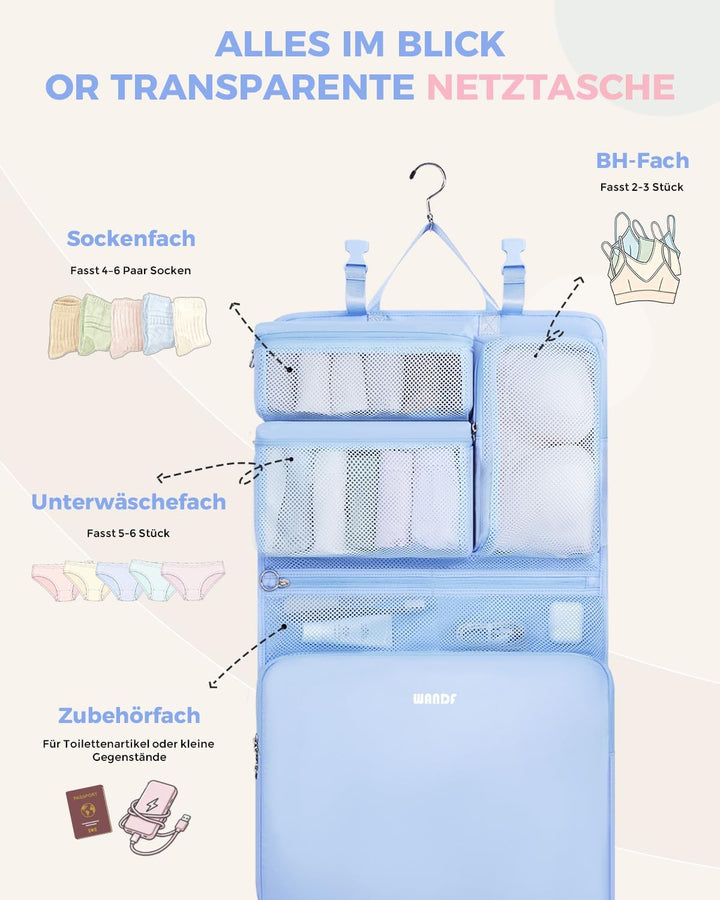 WANDF 6-in-1 Packing Cubes Koffer Organizer mit 360°-Aufhängehaken, Wasserabweisende Packwürfel Komp