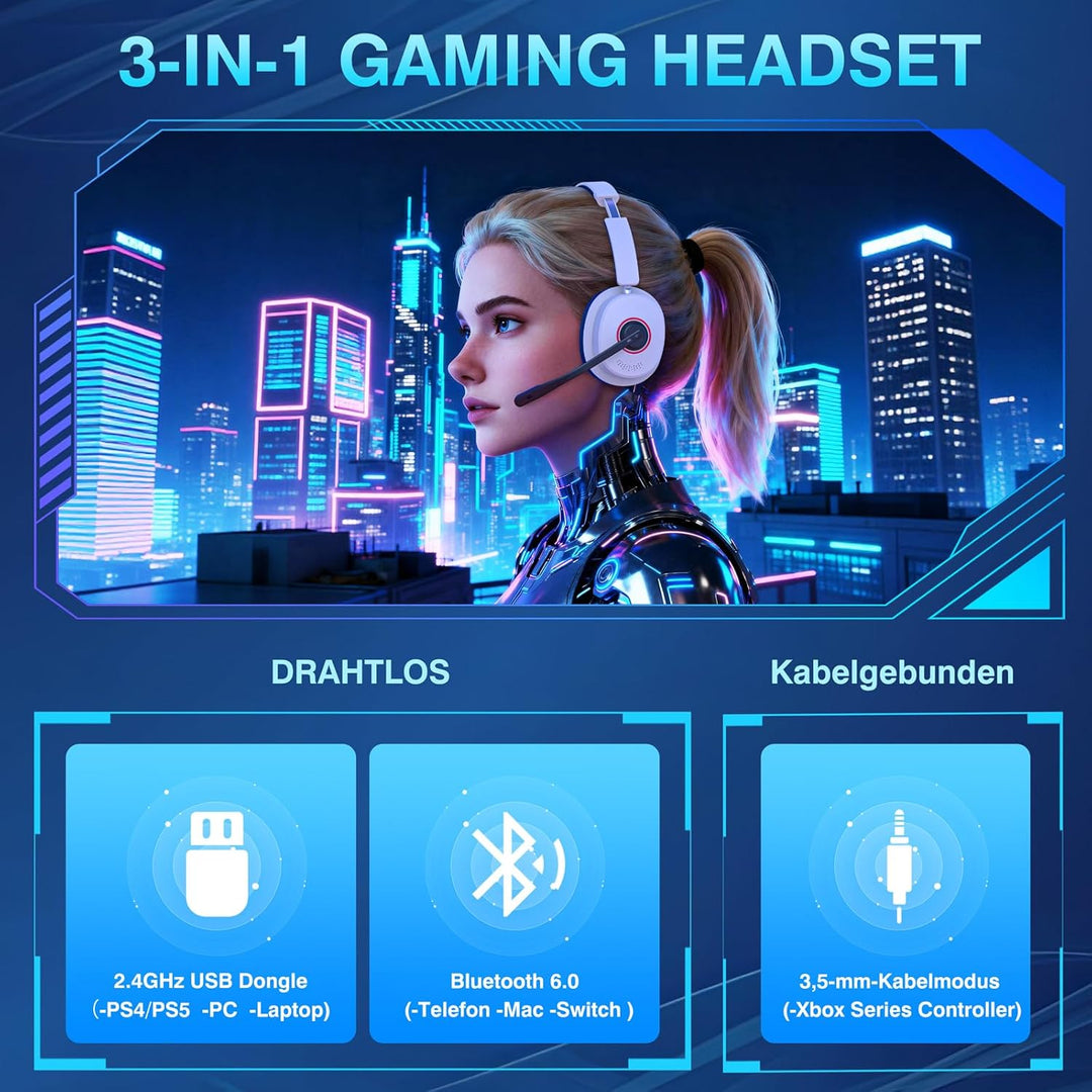 Earbay Gaming Headset Wireless mit Mikrofon für PS5 PS4 PC Switch Handy | 2.4GHz &amp; BT 6.0 Kabellos (