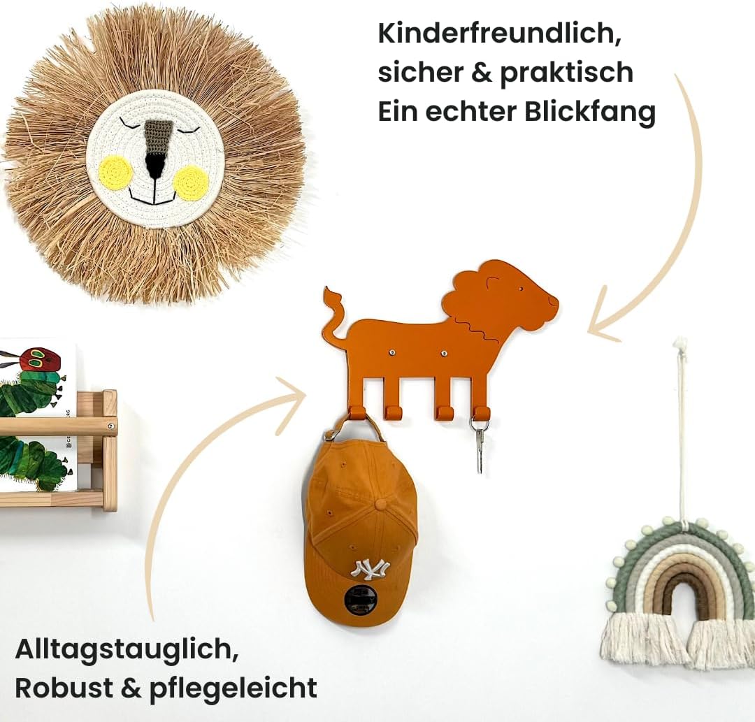 ABIMI Kindergarderobe Löwe aus pulverbeschichtetem Stahl – 4 Haken als Tierbeine – Wandgarderobe für