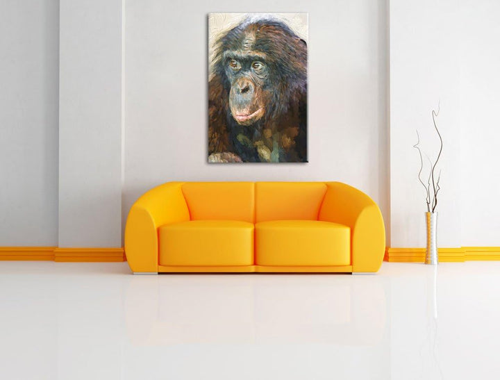 scheuer junger Gorilla Deluxe Format: 100x70 cm auf Leinwand, XXL riesige Bilder fertig gerahmt mit
