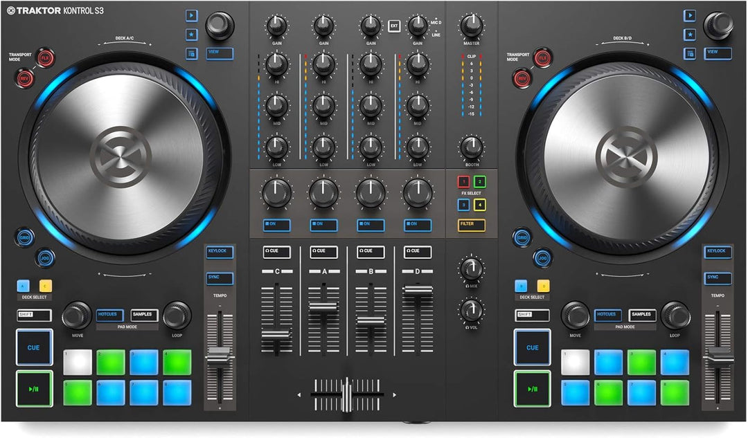 Native Instruments Traktor Kontrol S3 4-Kanal DJ Controller, 16 Pads, integrierte Soundkarte, Trakto