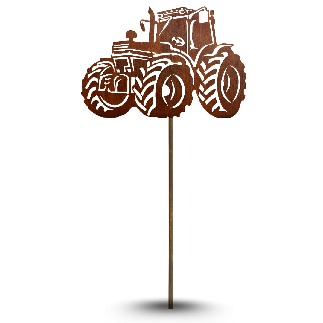 Gartenstecker Traktor aus Metall – Rostfigur 25 cm breit, 45 cm hoch – Wetterfeste Edelrost Gartende
