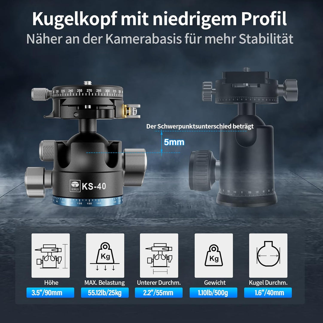 SIRUI KS-40 Low Profile Kugelkopf, 40mm Aluminium 360° Doppel-Panoramakugelkopf für Kamera, Camcorde