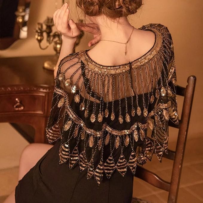 Damen Abend Glitzerschal 1920er Kleid Vintage Cape Elegante Stickerei Netz-Kurzarmpullover Modische