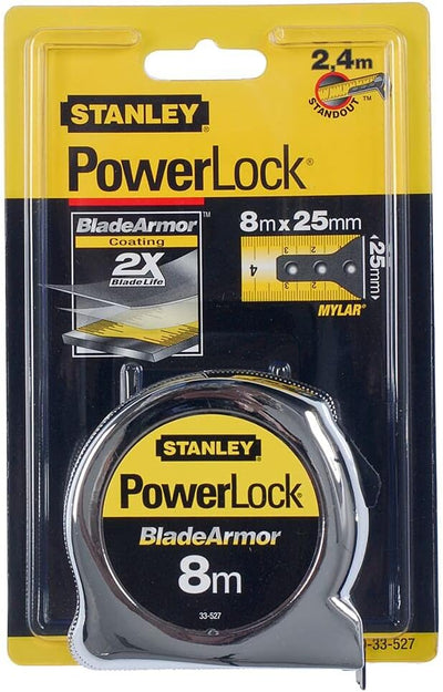 Stanley Bandmass Micro Powerlock (8 m Länge, Feststeller, Rücklauf, Gürtelclip, verchromt, Mylar-Sch