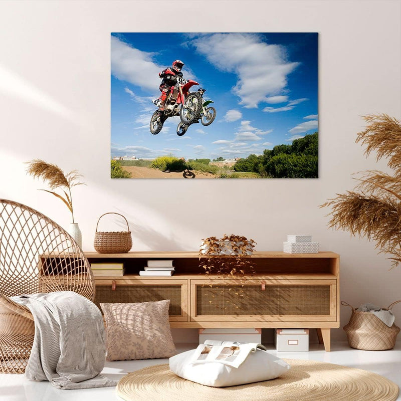 ARTTOR Bilder auf Leinwand 100x70cm Leinwandbild Motorrad Reiter Himmel Gross Wanddeko Bild Schlafzi