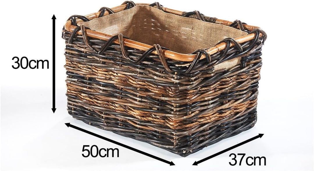 Kobolo Holztrage Holzkorb für Kaminholz eckig - Rattan und Bananenblatt - mit Jutestoff ausgestattet