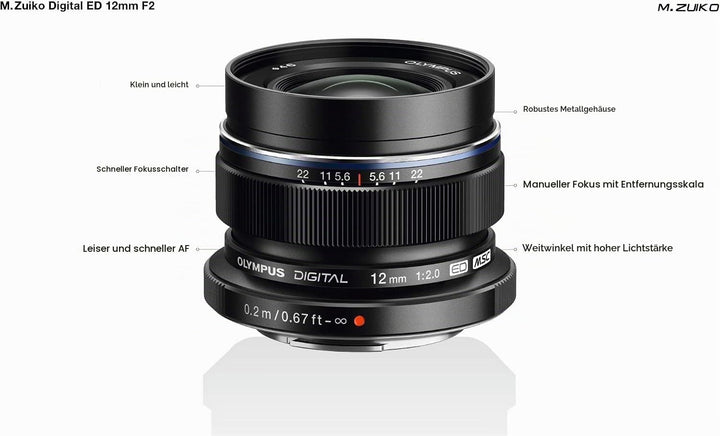 Olympus M.Zuiko Digital ED 12mm F2.0 Objektiv, lichtstarke Festbrennweite, geeignet für alle MFT-Kam