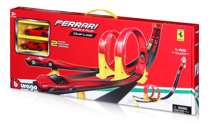 Bburago Ferrari Dual Loop: hochwertiges, lizensiertes Spieleset mit Looping inkl. 2 Spielzeugautos,