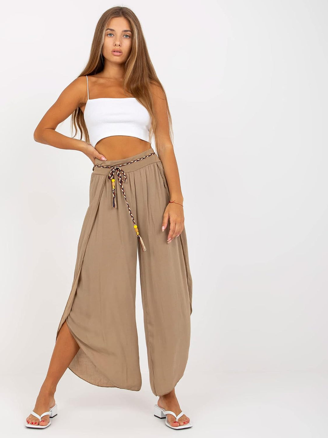 Och Bella Weite Lockere Damenhose mit Geschlitztem Bein Damenhose mit Schlitzen Wickelbeinen, Luftig