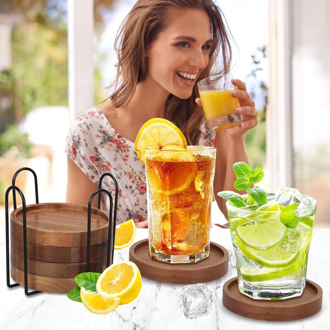 6 Stück Akazienholz Untersetzer für Gläser Getränke Tassenuntersetzer mit Halter Couchtisch Deko Tis