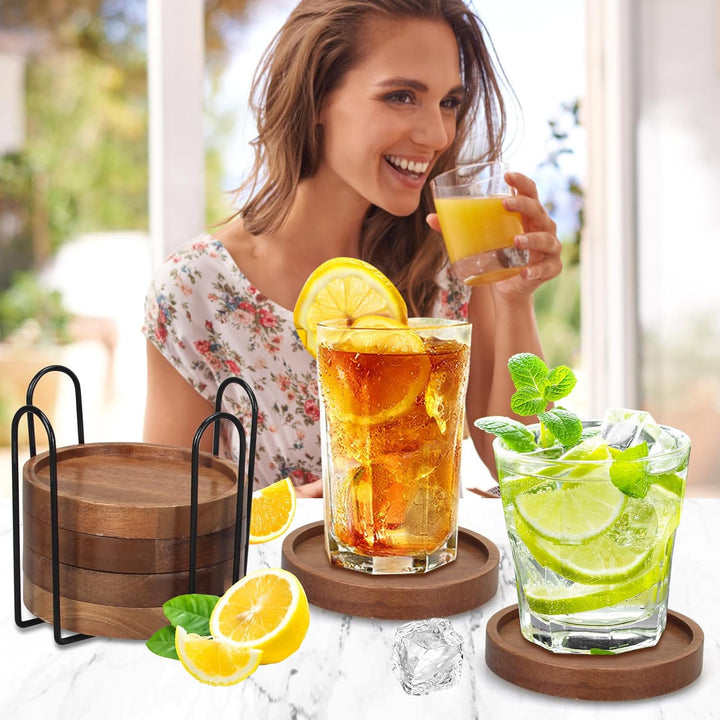 6 Stück Akazienholz Untersetzer für Gläser Getränke Tassenuntersetzer mit Halter Couchtisch Deko Tis
