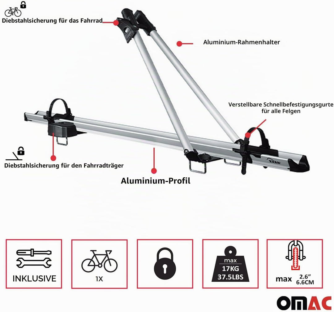 Fahrradträger Dachfahrradträger bis 17kg Aluminium Silber Fahrradhalter 17 kg / 1tlg Silber, 17 kg /