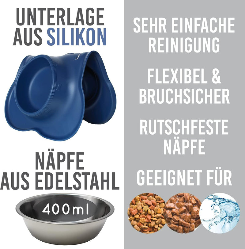 KaraLuna Napfunterlage aus Silikon mit Edelstahl Futternapf I Für Katzen & Hunde (400ml, Blau) Blau