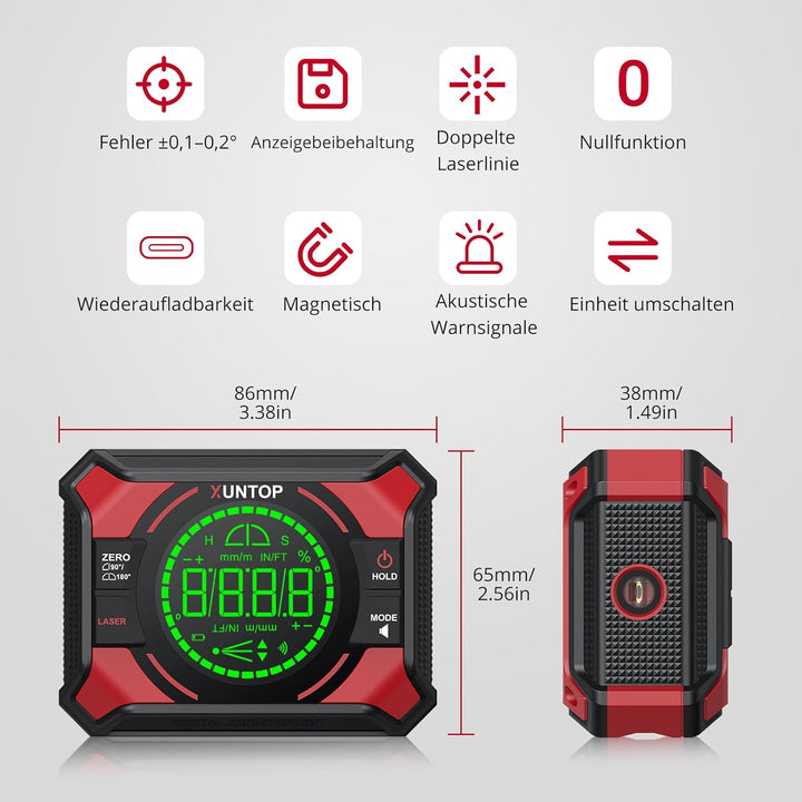 XUNTOP 3 IN 1 Digitaler Winkelmesser Neigungsmesser Laser Wasserwaage Magnetisch Nivellierbox mit LE