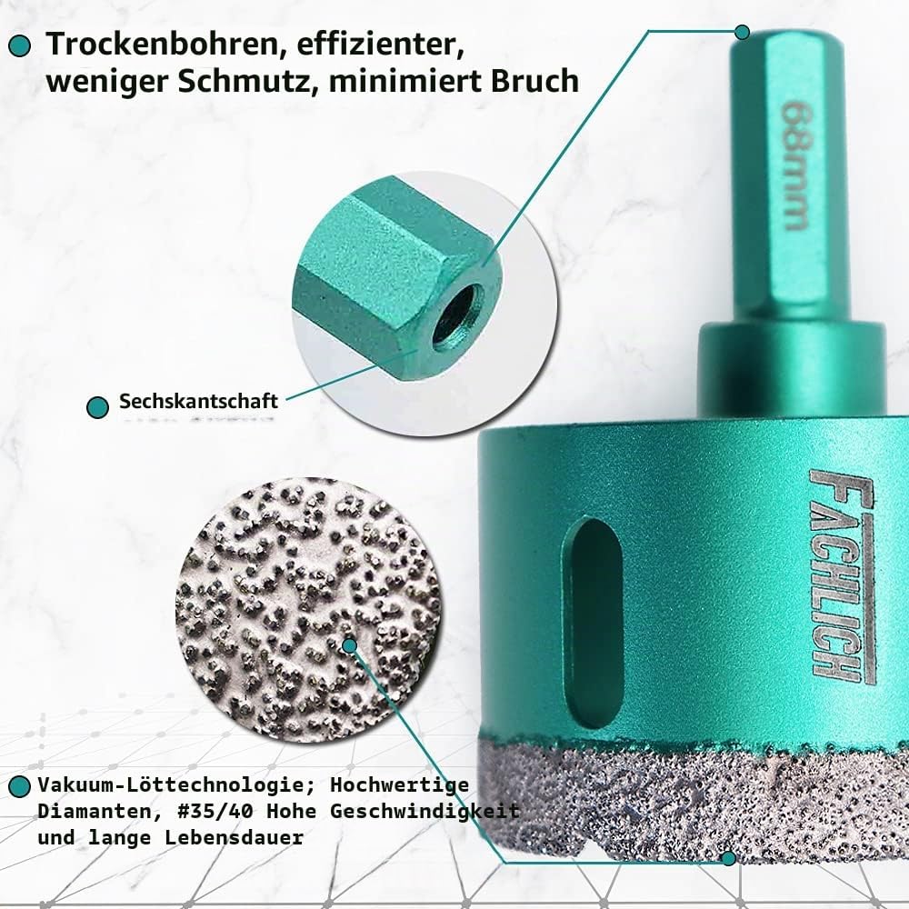 FACHLICH Diamant Fliesenbohrer 68mm Diamantbohrer Lochsäge mit Sechskantschaft für Porzellan Fliese
