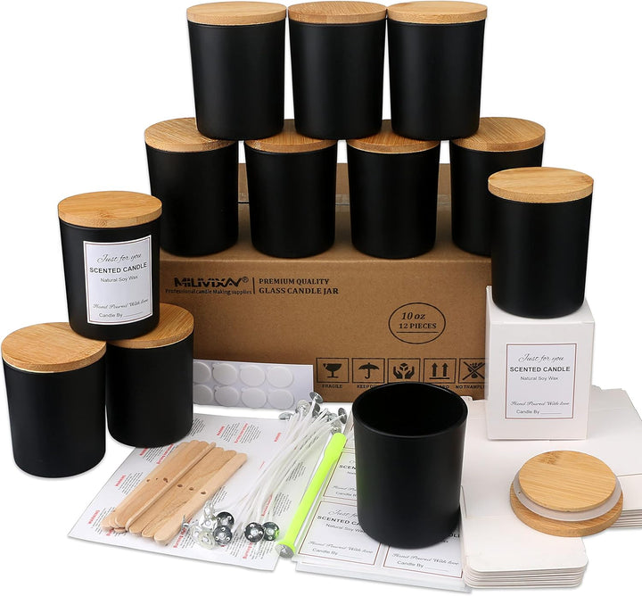 MILIVIXAY Mattierte schwarze Kerzengläser aus Glas mit Deckeln und Kerzenherstellungs-Sets, leere Ke